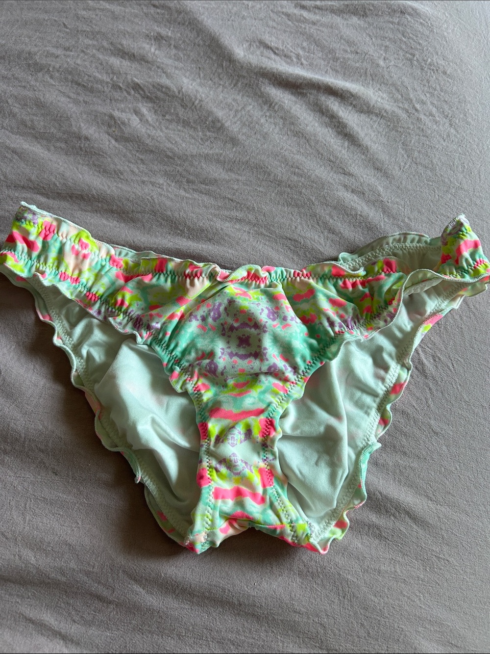Victoria's Secret Mint Bikini Bottoms with Neon Pink and Yellow Tie-Dye Accents